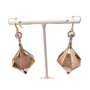 Vintage Earrings Brushed Gold Tone Aurora Borealis Crystals Dangle Women's 1J